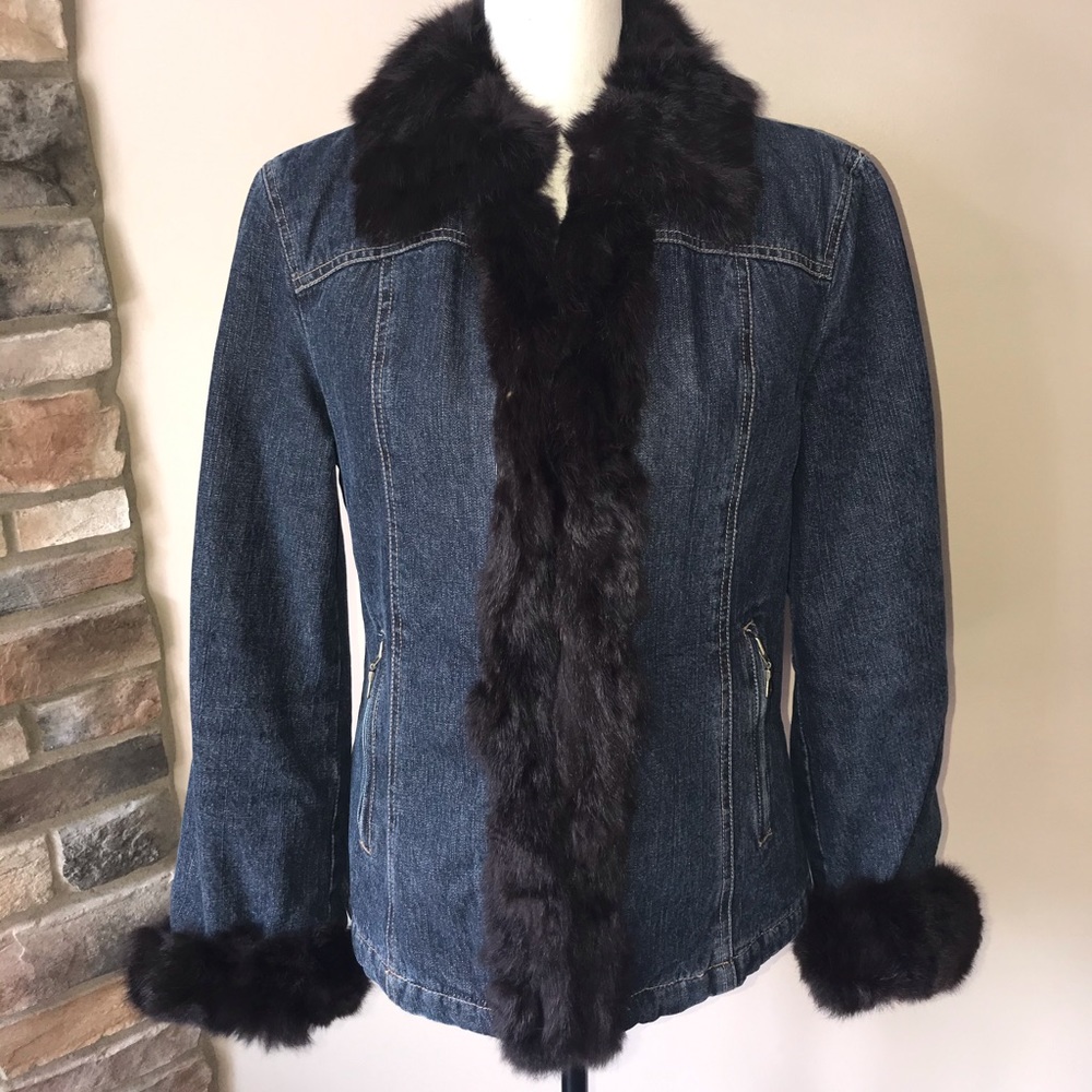 Nine West vintage denim and rabbit fur jacket